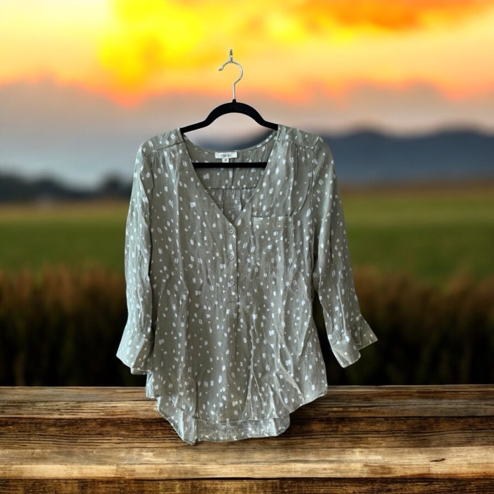 Como Blu Earthy Sage Green Top with White Polka Dot Print